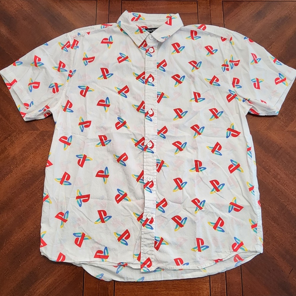 Sony Playstation Mens' Controller Icon Allover Print Woven Button Up Shirt Sz L